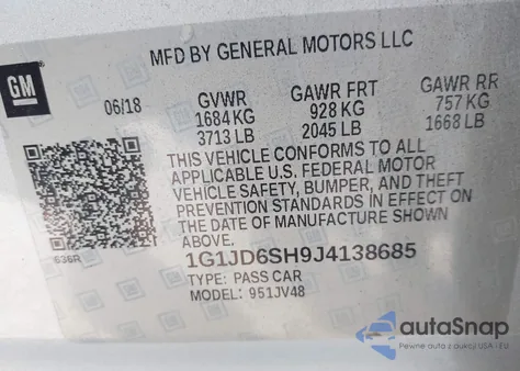 2018 Chevrolet Sonic Lt Auto из США, поврежденный, VIN 1G1JD6SH9J4138685